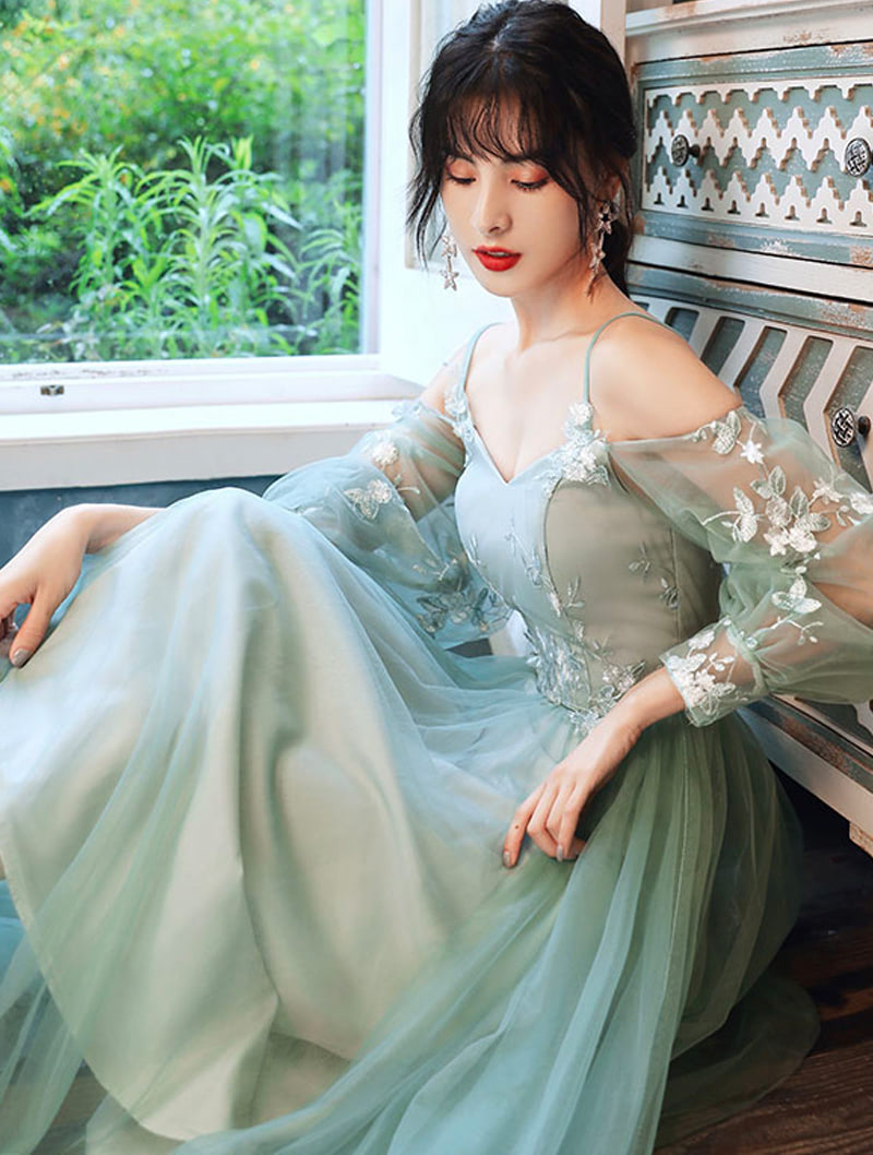 Fairy Green Embroidery Bridesmaid Boho Weeding Party Maxi Dress01
