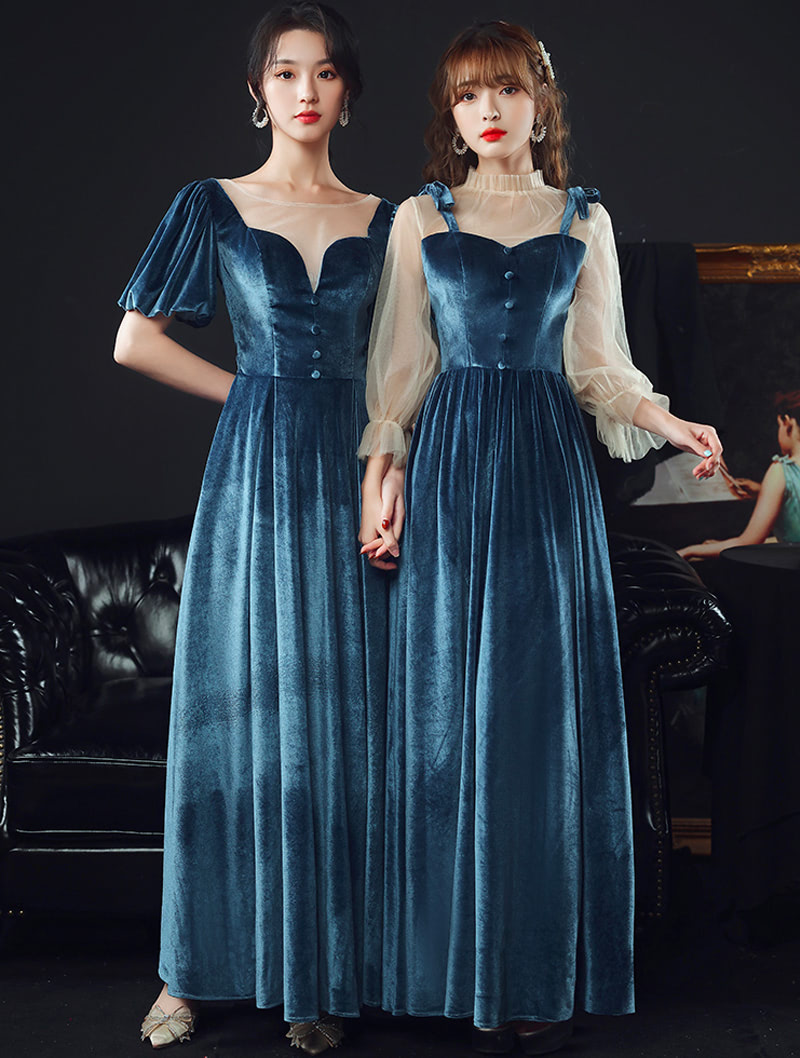 Fashion Blue Velvet Wedding Guest Maxi Dress Formal Party Gown01