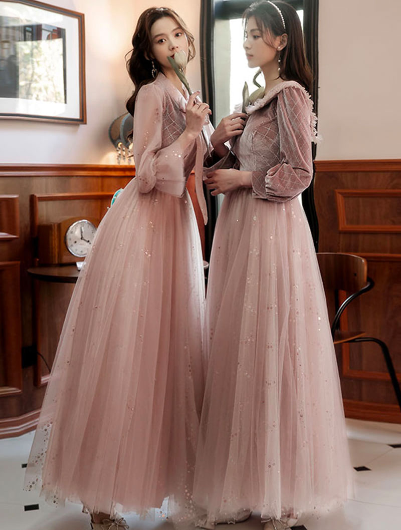 Fashion Velvet Cameo Bridesmaid Maxi Dress with Long Sleeves01