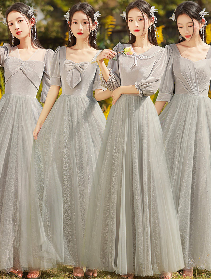 Gray Velvet Fall Winter Bridesmaid Maxi Dress Prom Wedding Gown01