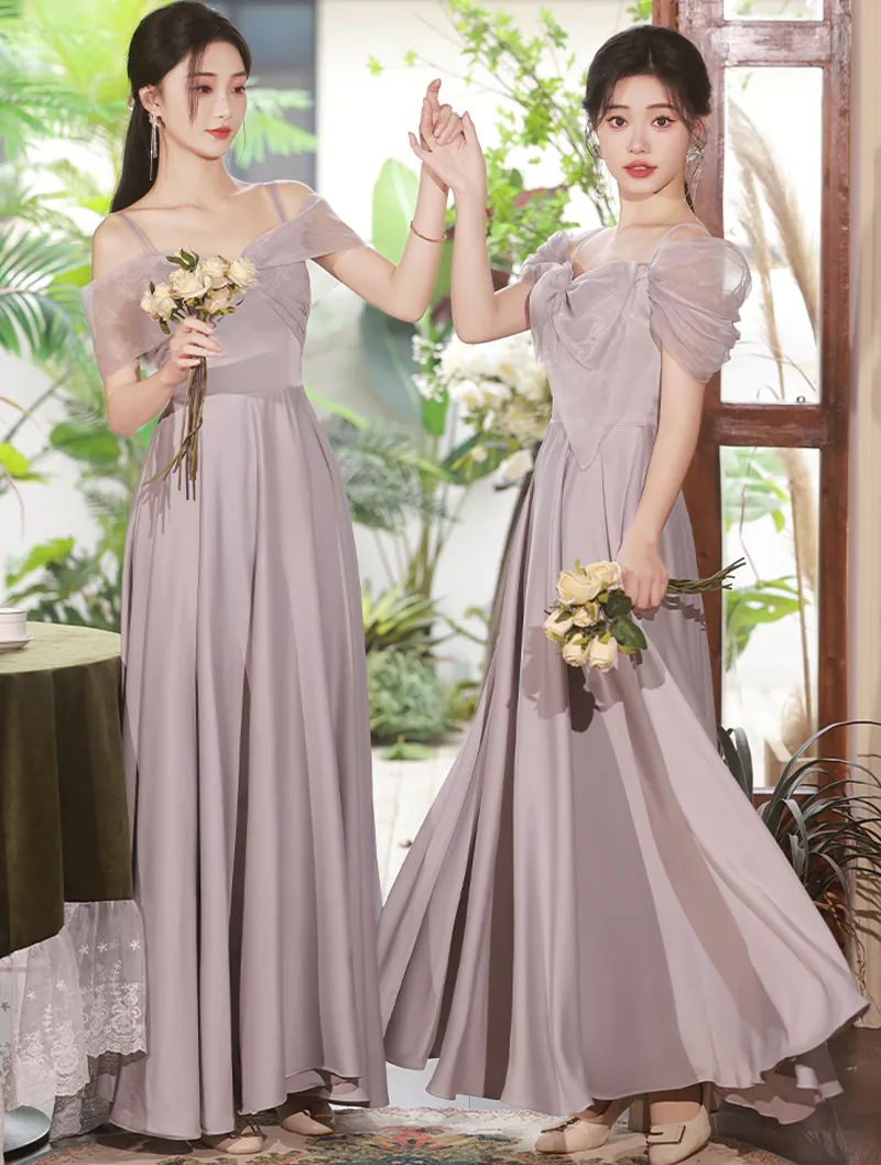Grey Satin Summer Cocktail Evening Gown Bridesmaid Maxi Dress02