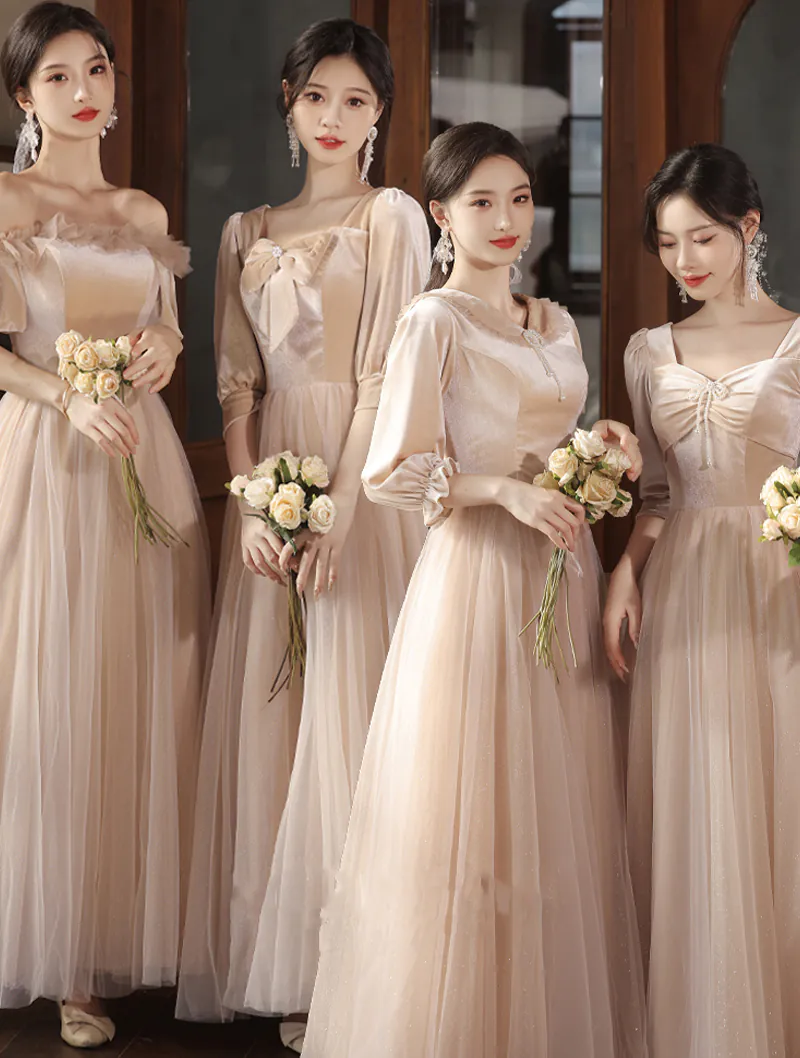 Khaki Velvet Long Sleeve Bridesmaid Dress Graduation Party Long Gown02