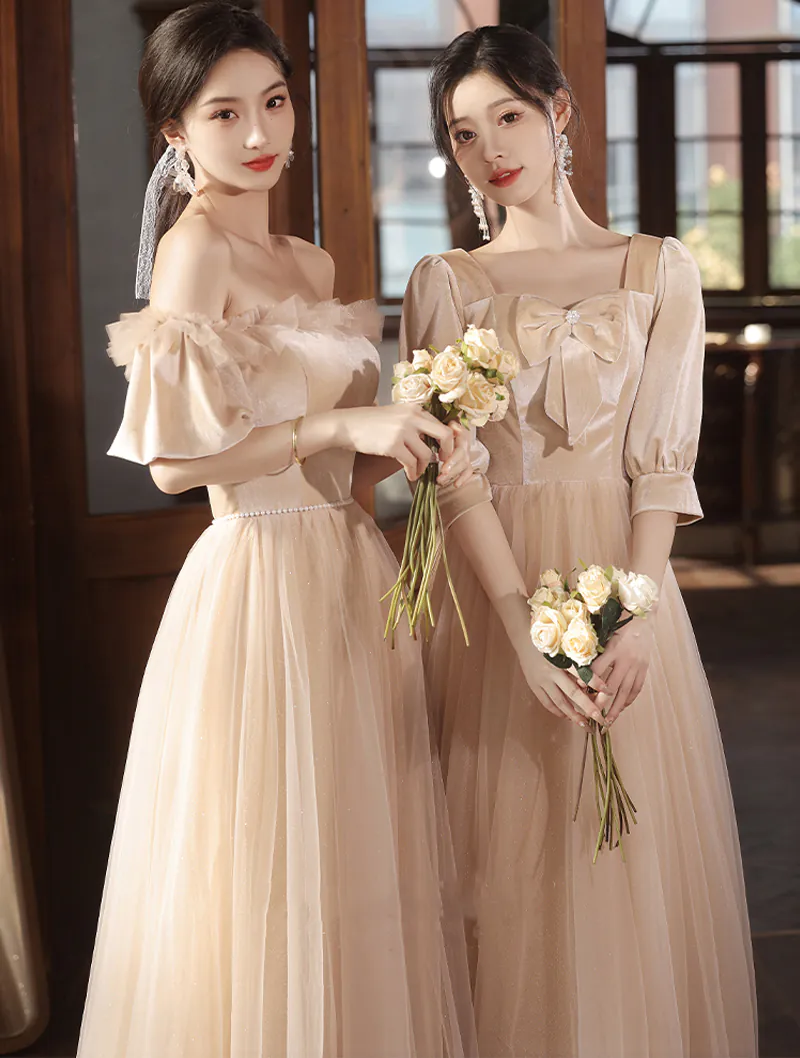 Khaki Velvet Long Sleeve Bridesmaid Dress Graduation Party Long Gown01