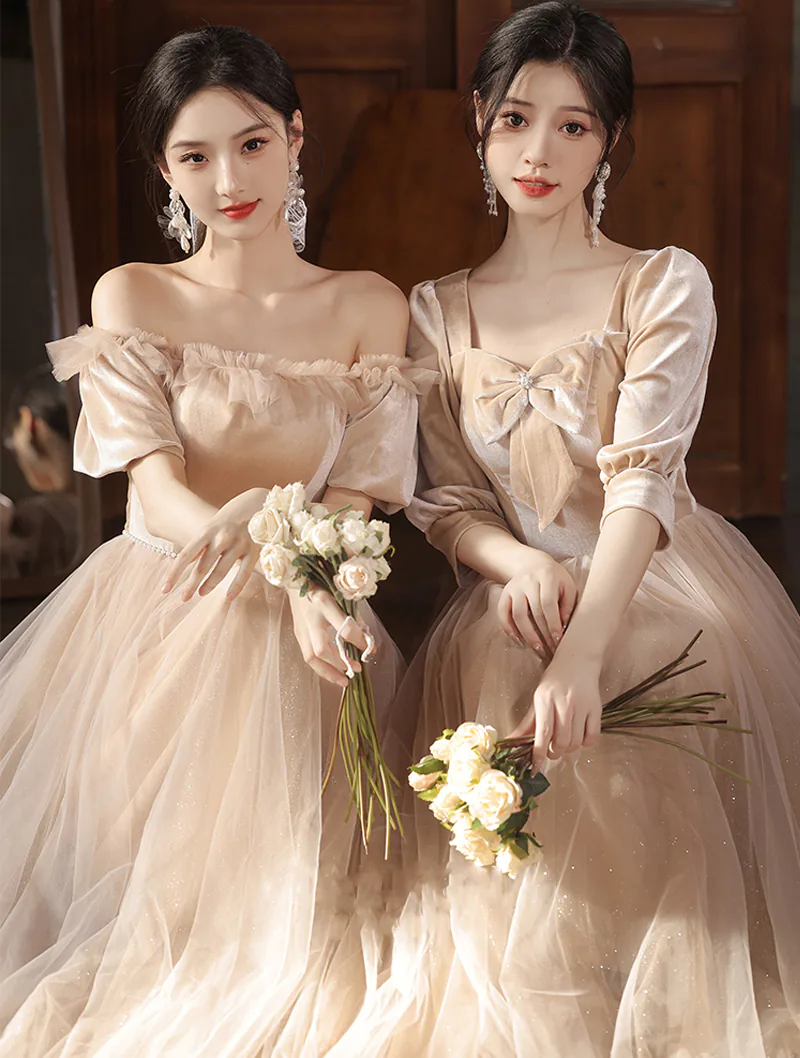 Khaki Velvet Long Sleeve Bridesmaid Dress Graduation Party Long Gown04