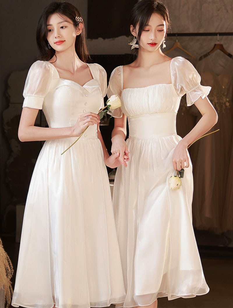 Ladies Simple White Wedding Guest Bridesmaid Homecoming Midi Dress01
