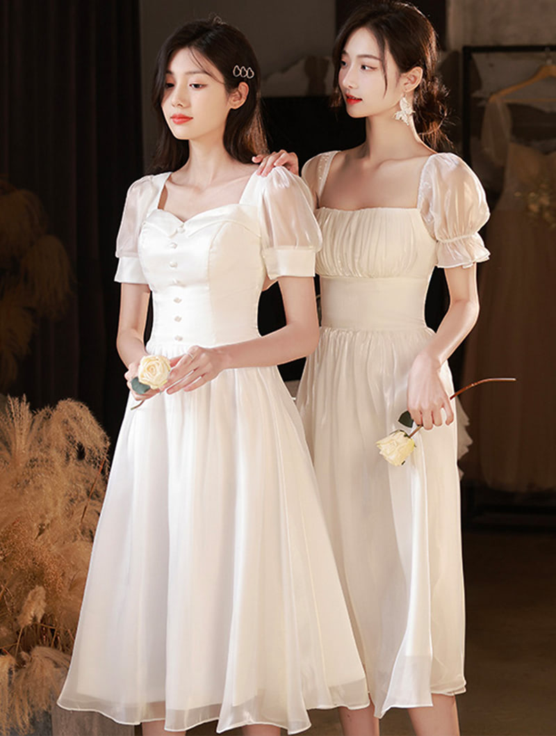 Ladies Simple White Wedding Guest Bridesmaid Homecoming Midi Dress01