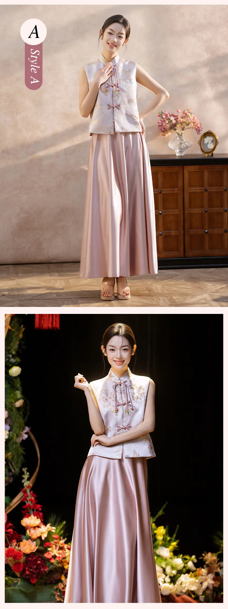 New-Chinese-Style-Pink-Jacquard-Top-with-Satin-Skirt-Bridesmaid-Dress13