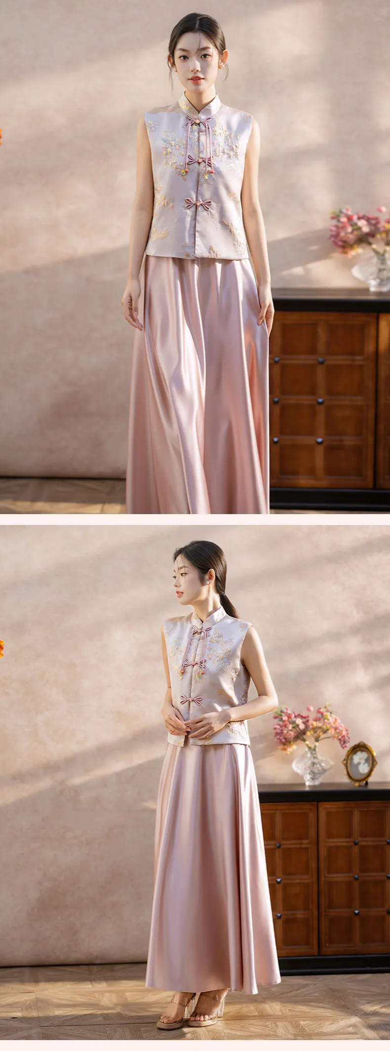New-Chinese-Style-Pink-Jacquard-Top-with-Satin-Skirt-Bridesmaid-Dress14