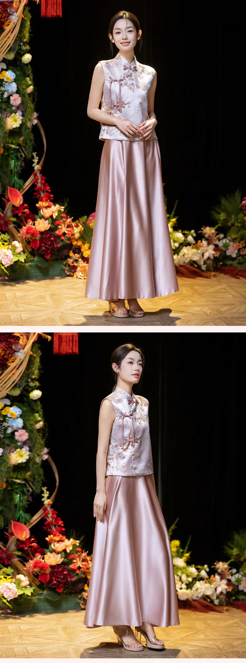 New-Chinese-Style-Pink-Jacquard-Top-with-Satin-Skirt-Bridesmaid-Dress17