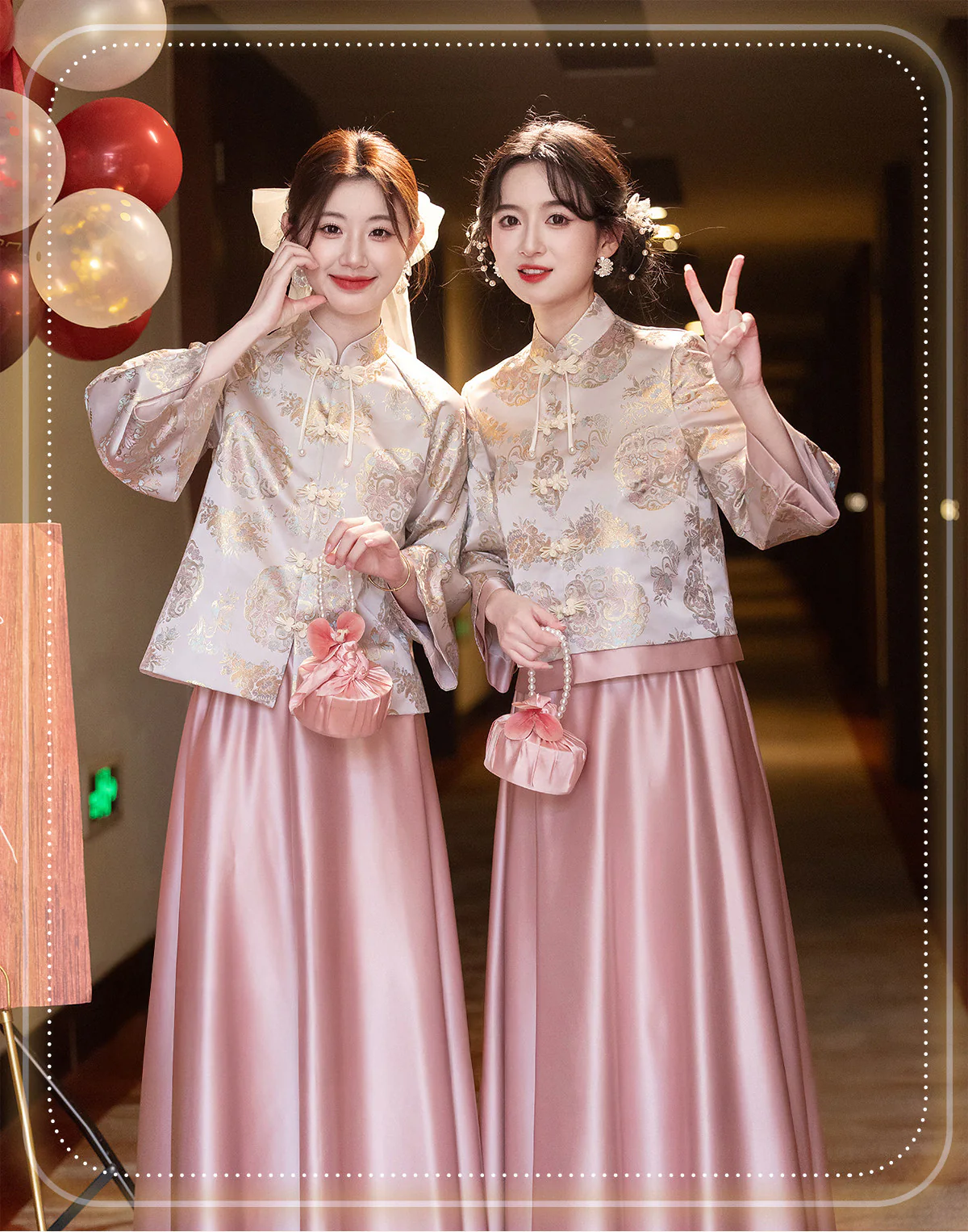 Oriental-Wedding-Chinese-Style-Floral-Brocade-Pink-Satin-Bridesmaid-Outfit08