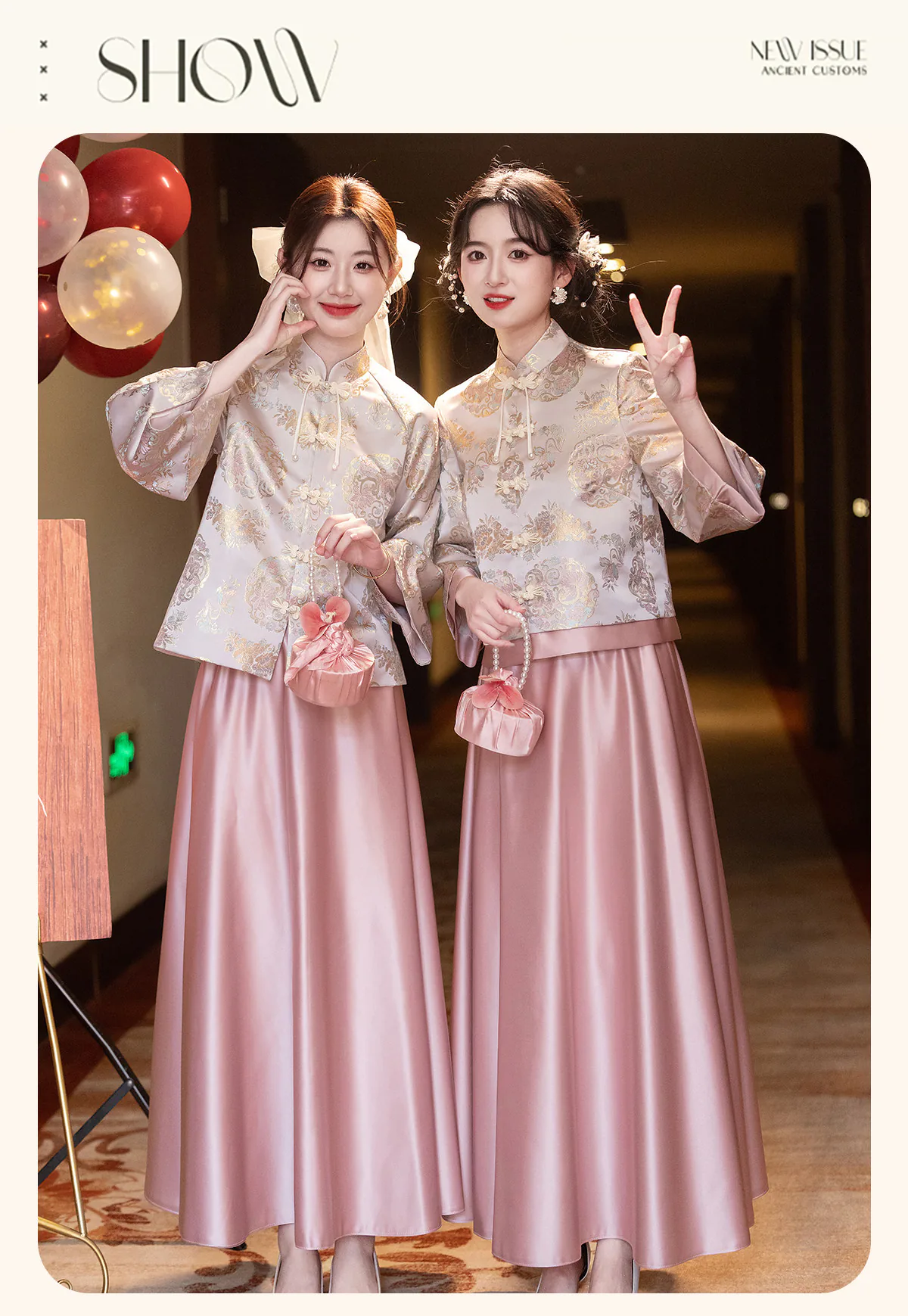 Oriental-Wedding-Chinese-Style-Floral-Brocade-Pink-Satin-Bridesmaid-Outfit11