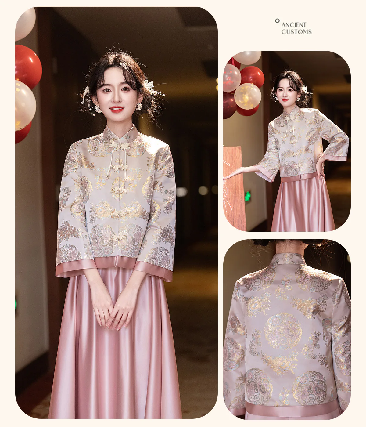 Oriental-Wedding-Chinese-Style-Floral-Brocade-Pink-Satin-Bridesmaid-Outfit12