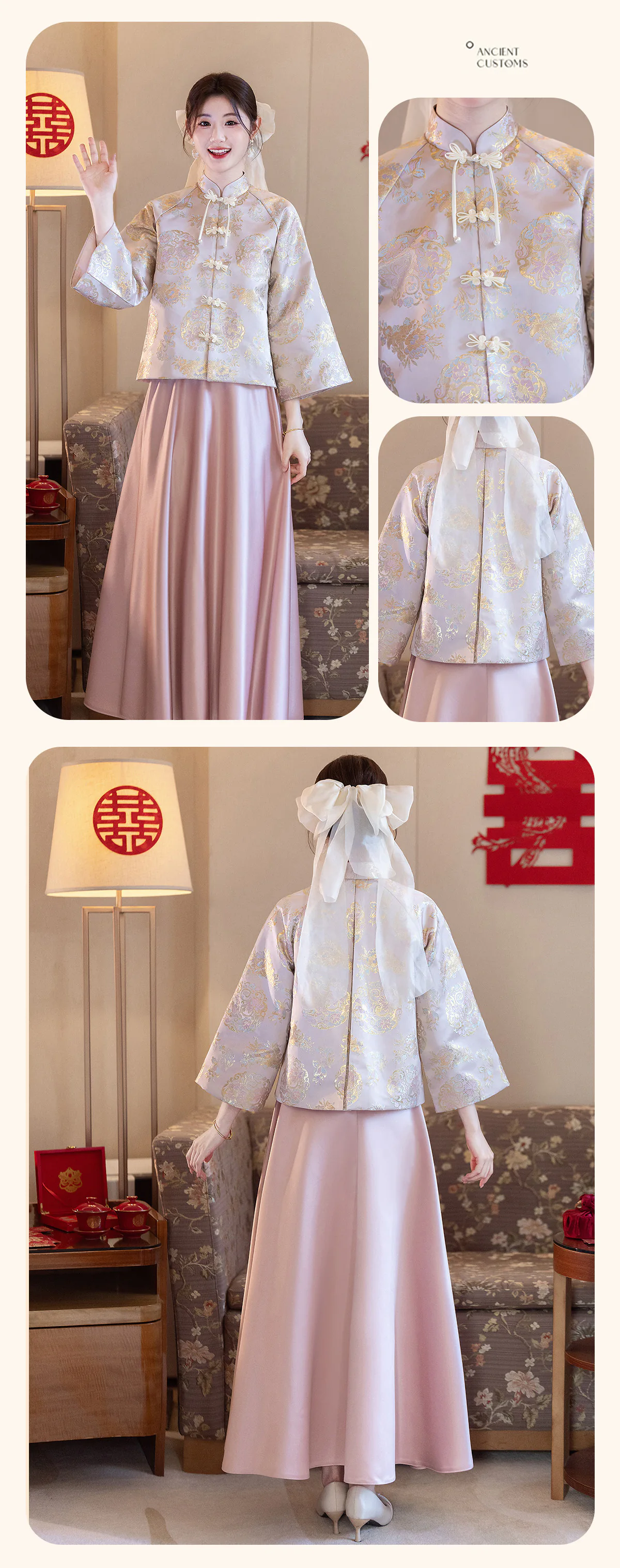 Oriental-Wedding-Chinese-Style-Floral-Brocade-Pink-Satin-Bridesmaid-Outfit14