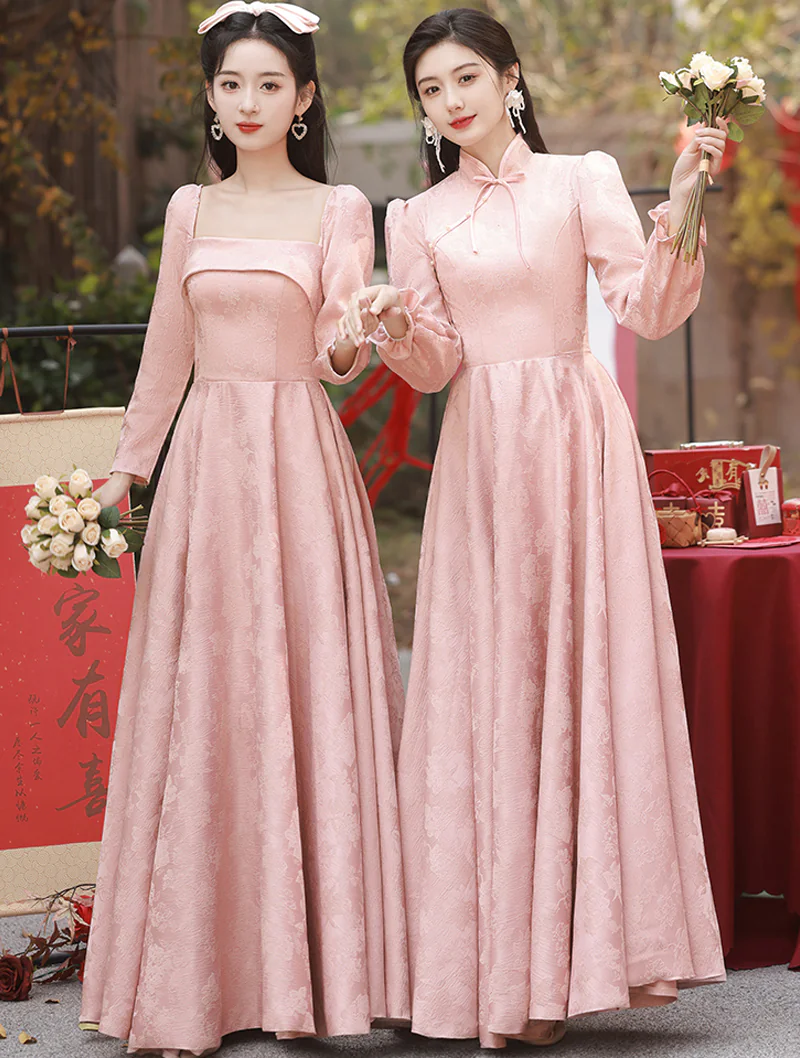 Pretty Pink Jacquard Bridesmaid Maxi Dress Sweet Casual Party Gown01