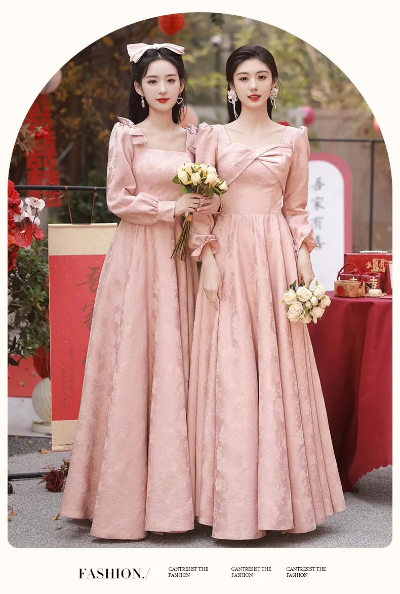 Pretty-Pink-Jacquard-Bridesmaid-Maxi-Dress-Sweet-Casual-Party-Gown15