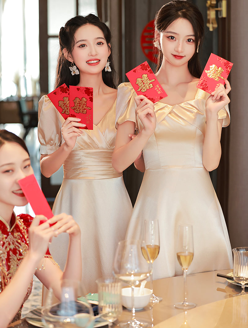 Simple Champagne Short Sleeve Satin Bridesmaid Maxi Dress01