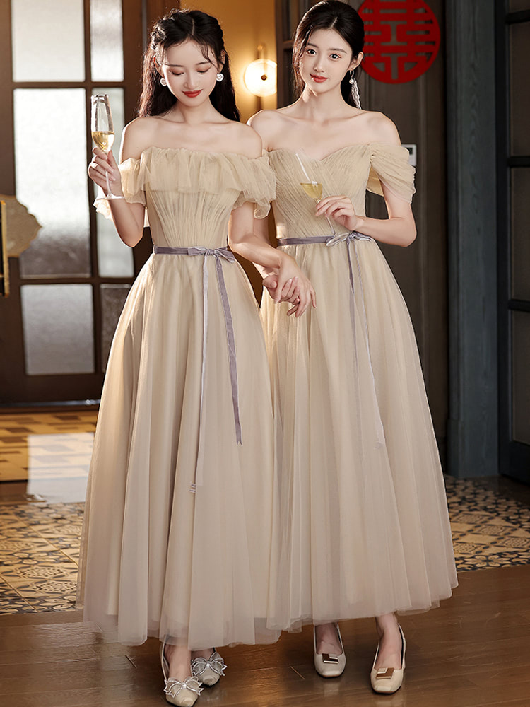Simple Tulle Champagne Bridesmaid Party Strapless Maxi Casual Dress01
