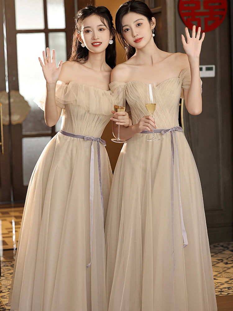 Simple Tulle Champagne Bridesmaid Party Strapless Maxi Casual Dress02