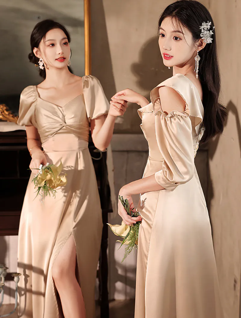 Sweet Champagne Satin Bridesmaid Long Dress Party Evening Gown01