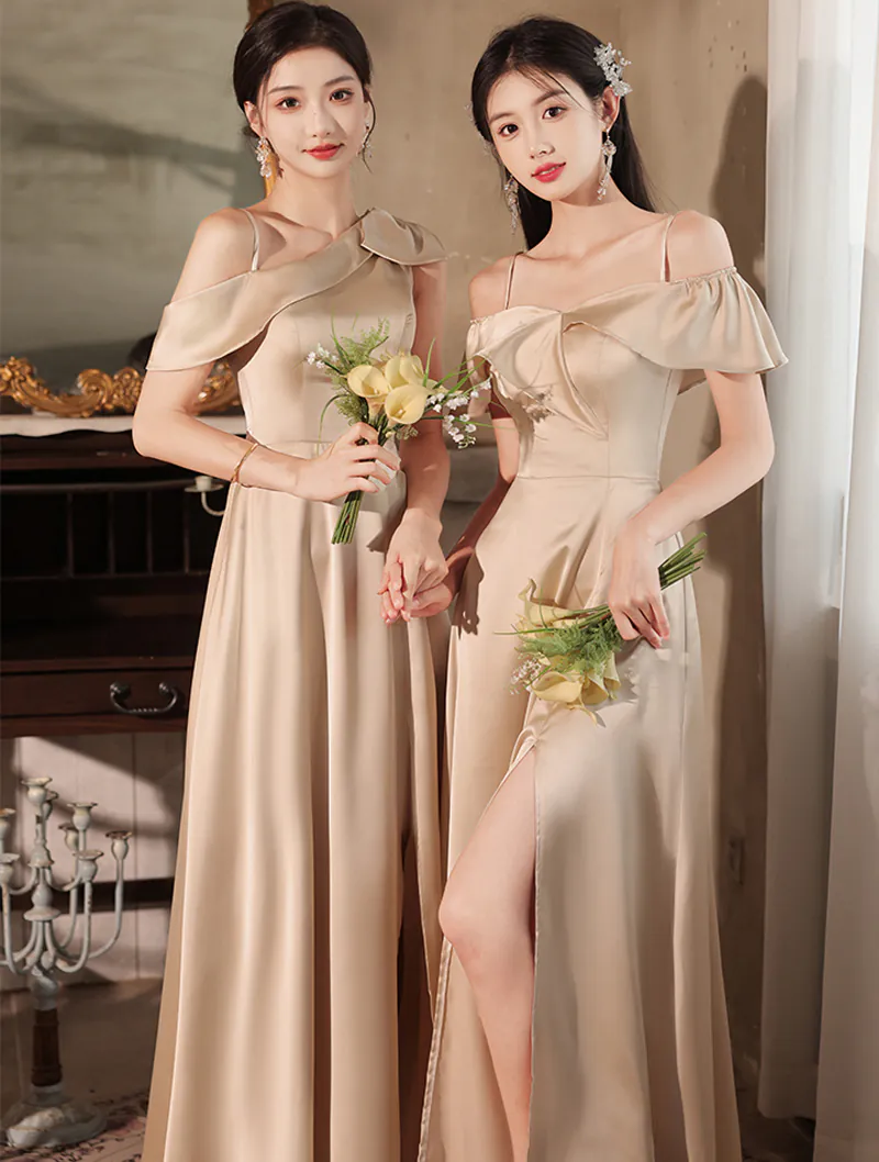 Sweet Champagne Satin Bridesmaid Long Dress Party Evening Gown04