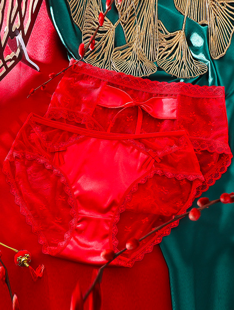 Sweet Red Satin Smooth Lace Thin Briefs Sexy Underwear01