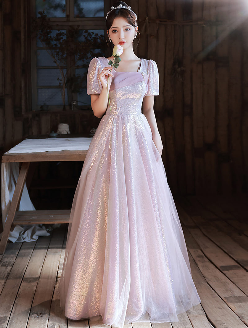 Fairy Square Neck Pink Princess Prom Evening Party Long Dress01