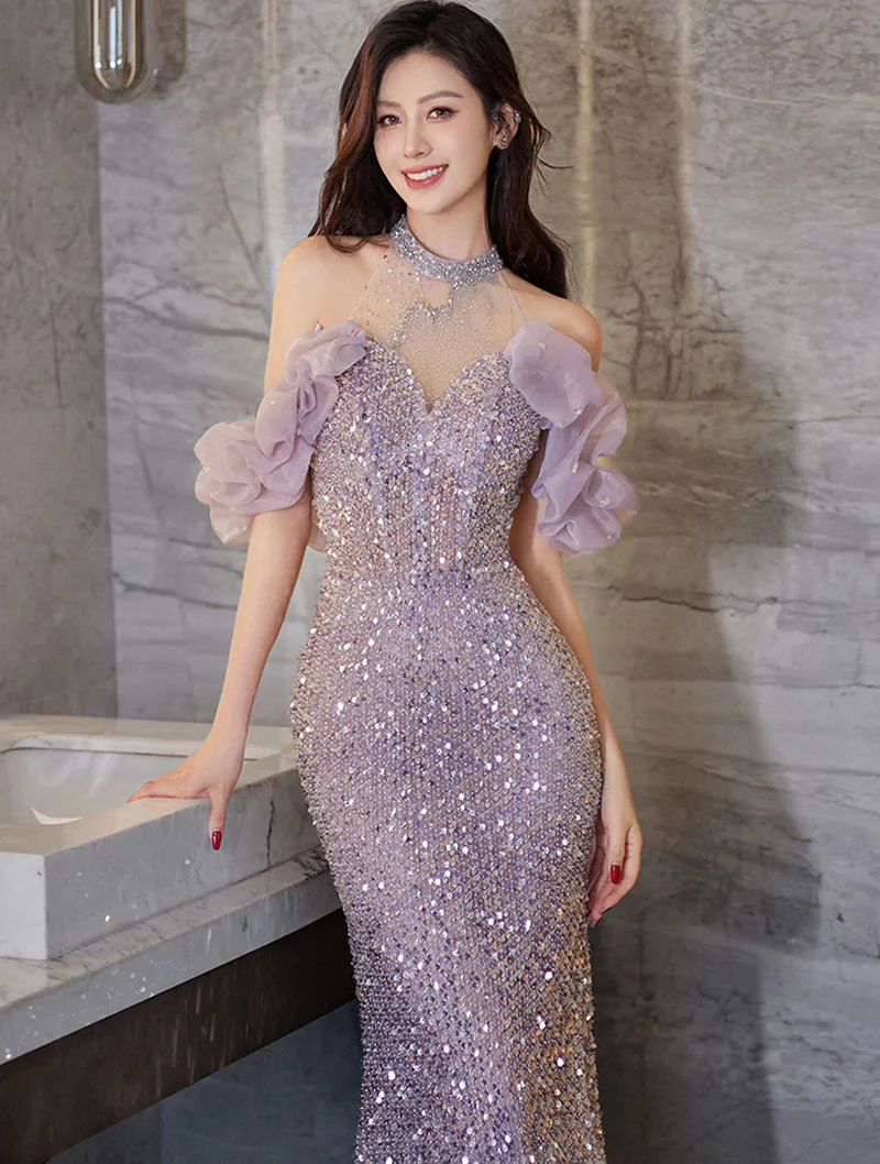 Luxury Purple Halter Sparkle Fishtail Party Evening Dress Prom Gowns02
