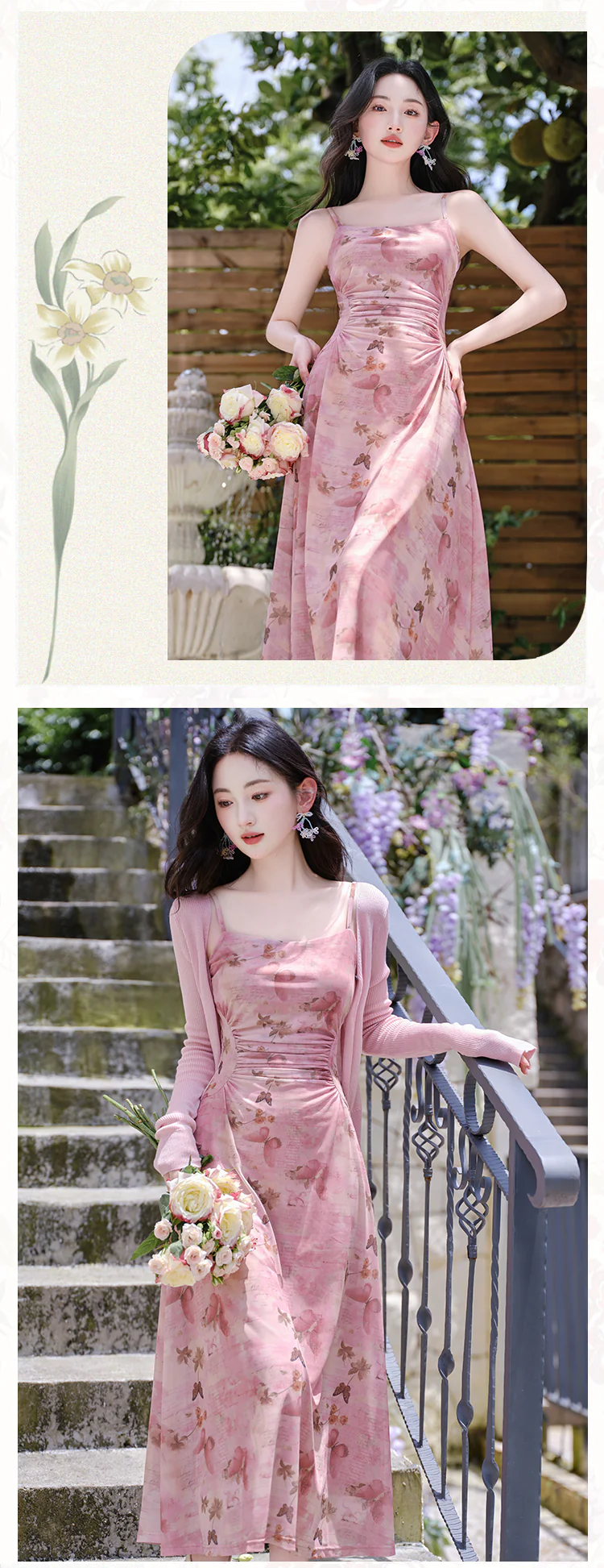 Sweet-Pastel-Pink-Butterfly-Print-Slip-Dress-with-Cardigan-Casual-Outfit11