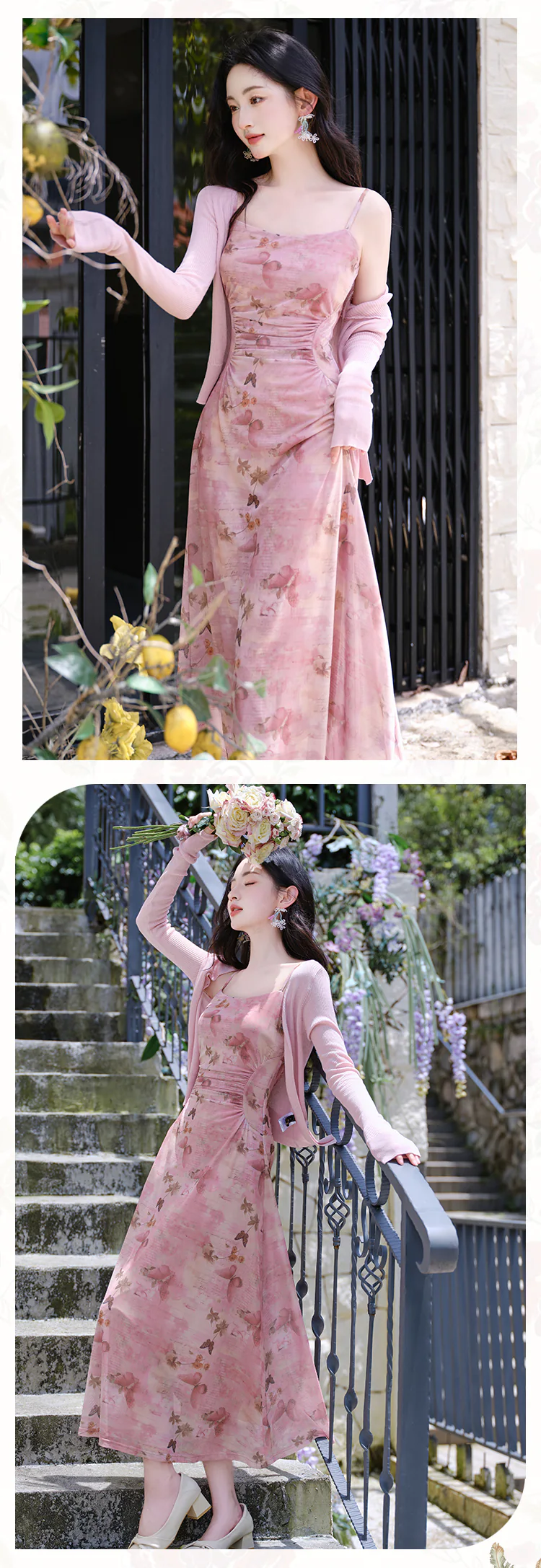 Sweet-Pastel-Pink-Butterfly-Print-Slip-Dress-with-Cardigan-Casual-Outfit13