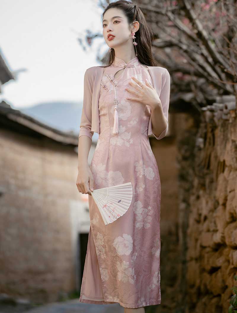 Sweet Pink Chinese Cheongsam Prom Dress and Cardigan Suit01
