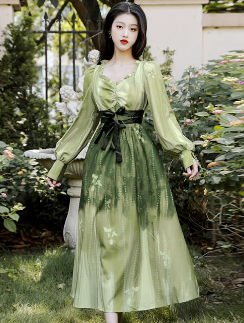 Vintage Green Tie Dye High Waist Long Sleeve Casual Dress01