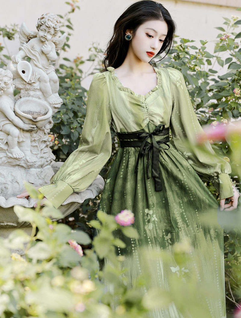 Vintage Green Tie Dye High Waist Long Sleeve Casual Dress02