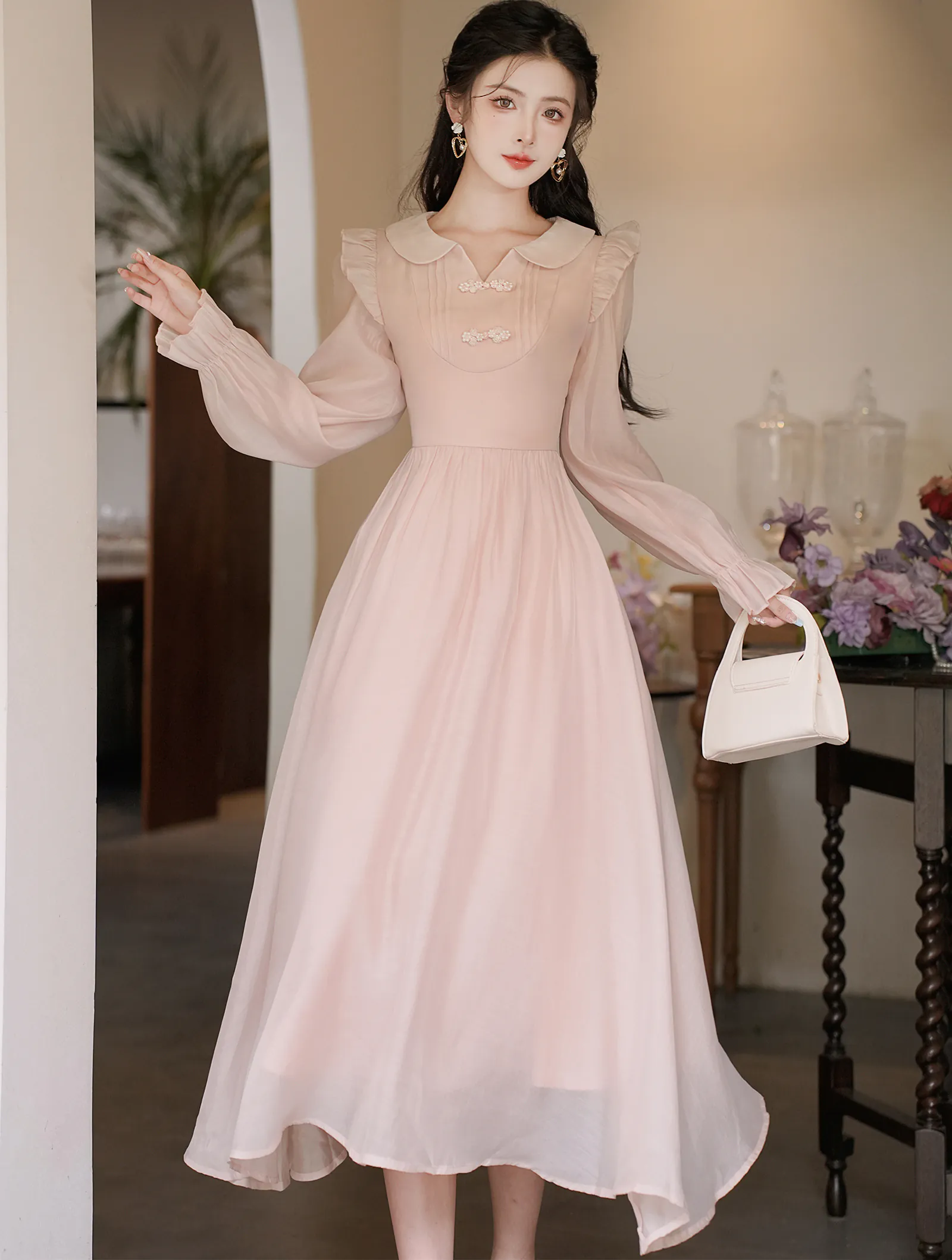 Vintage Light Pink Pankou Doll Neck Tencel Long Sleeve Casual Dress01