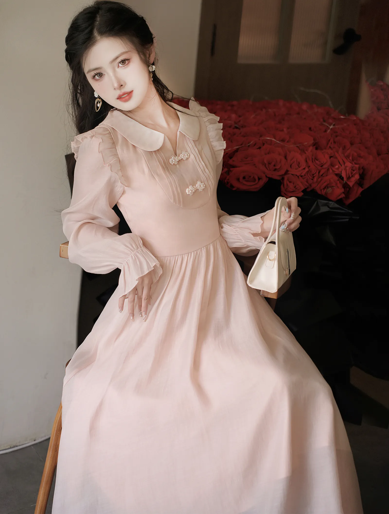 Vintage Light Pink Pankou Doll Neck Tencel Long Sleeve Casual Dress02