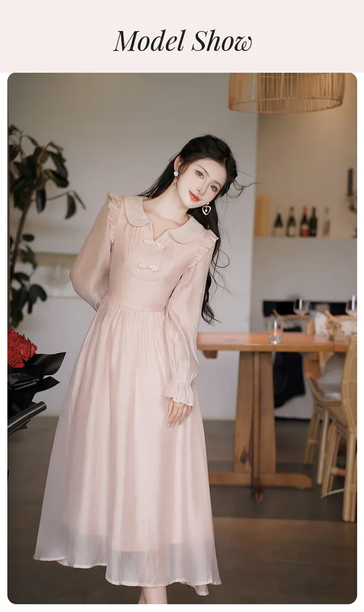Vintage-Light-Pink-Pankou-Doll-Neck-Tencel-Long-Sleeve-Casual-Dress10