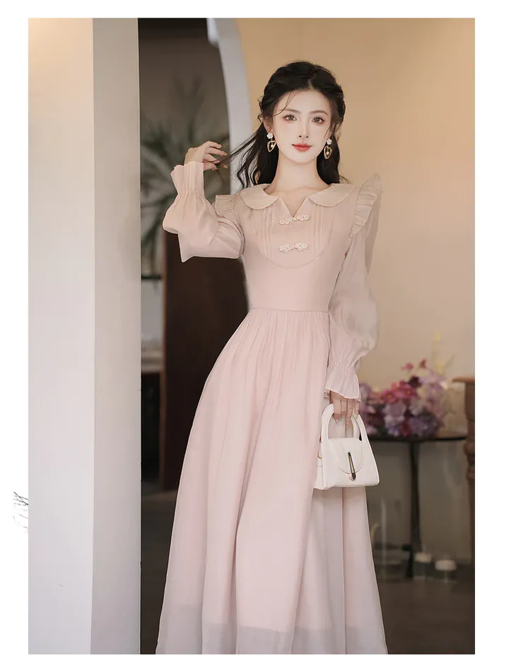 Vintage-Light-Pink-Pankou-Doll-Neck-Tencel-Long-Sleeve-Casual-Dress11