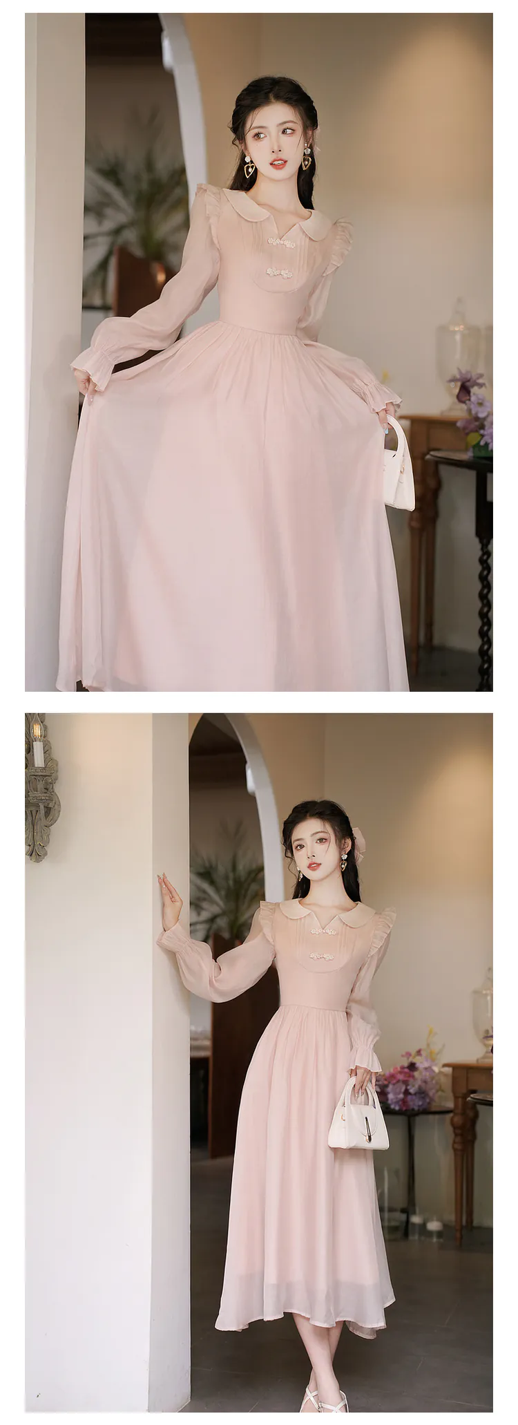 Vintage-Light-Pink-Pankou-Doll-Neck-Tencel-Long-Sleeve-Casual-Dress13