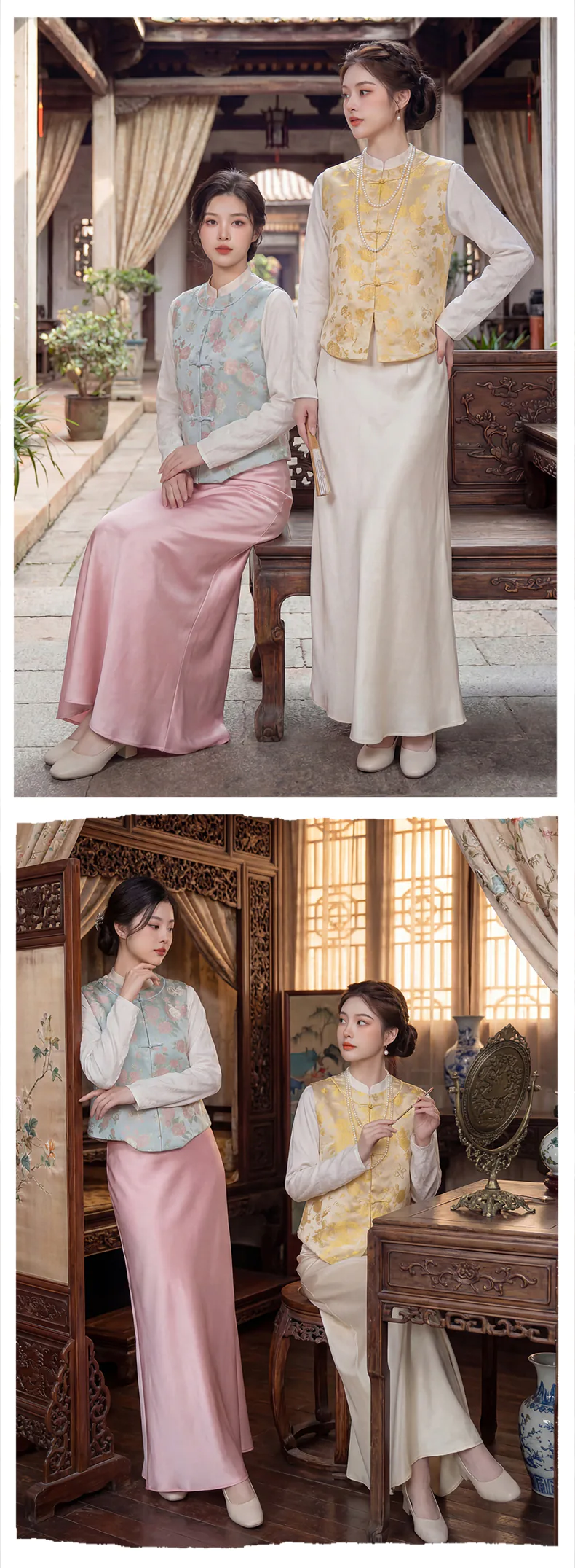 Vintage-Oriental-Hanfu-Style-Jacquard-Vest-White-Blouse-Satin-Skirt-Set13