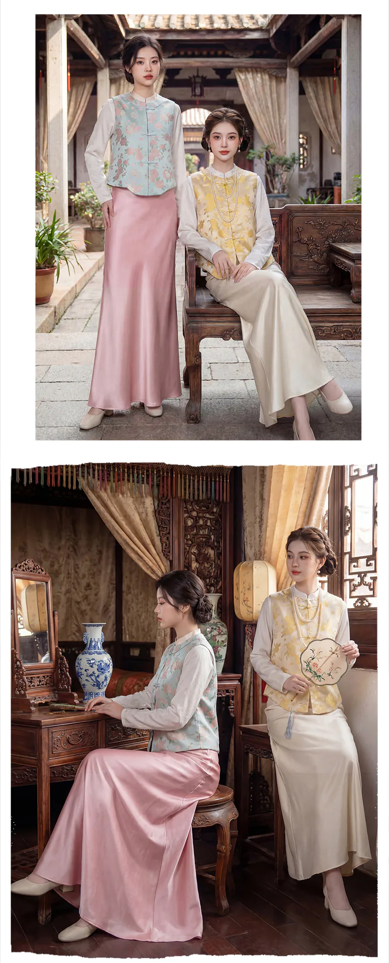 Vintage-Oriental-Hanfu-Style-Jacquard-Vest-White-Blouse-Satin-Skirt-Set14