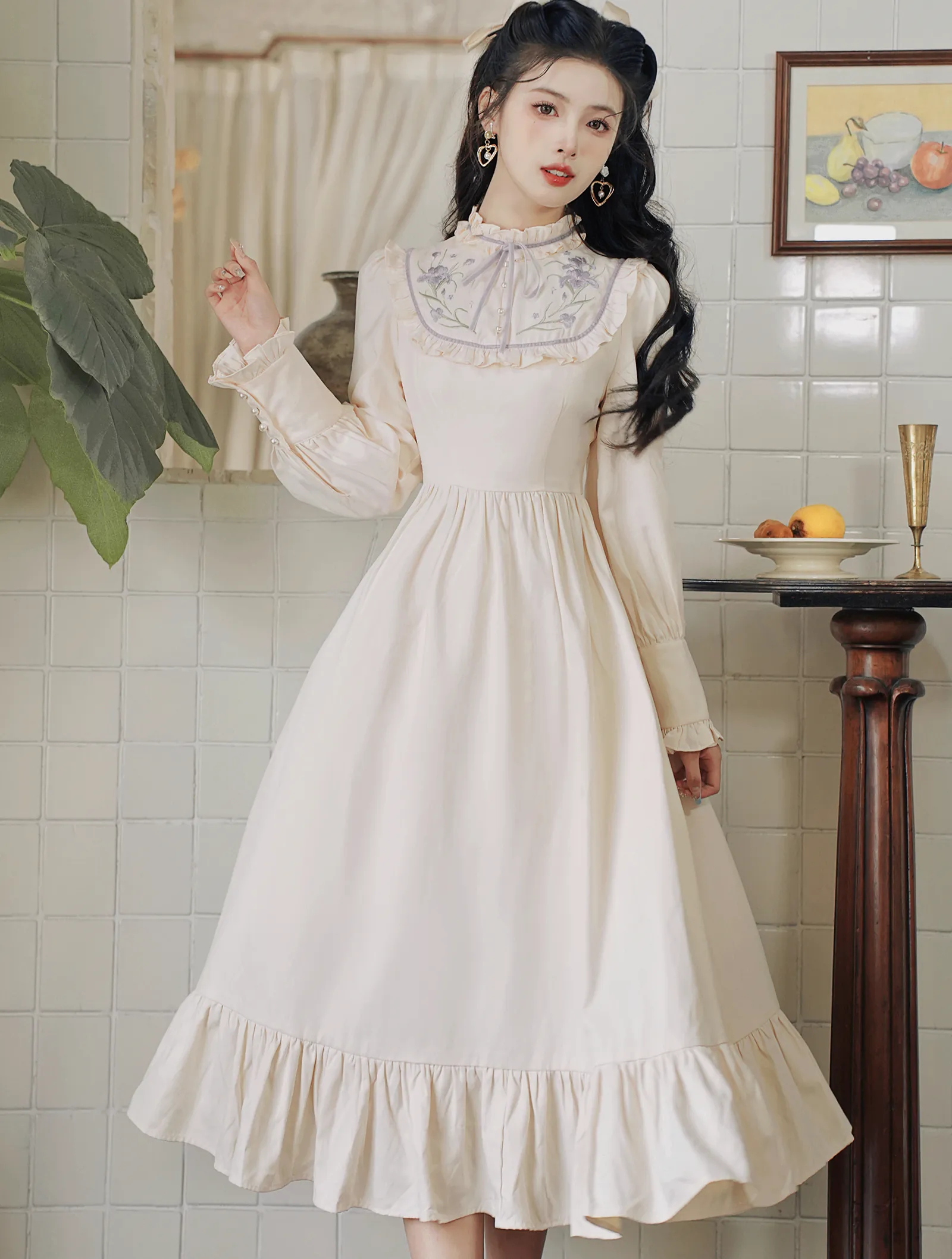 Vintage Sweet Princess Style Ruffle Trim Embroidery Casual Dress01