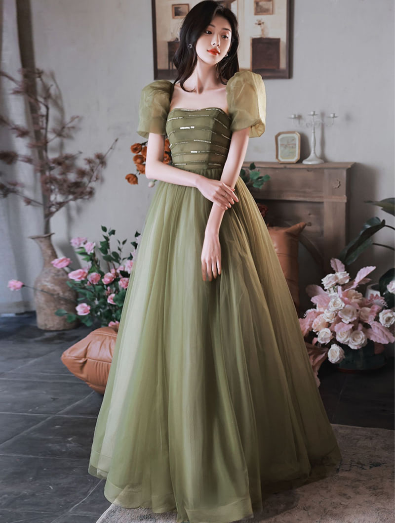 A Line Green Tulle Formal Evening Maxi Dress Long Ball Gown01