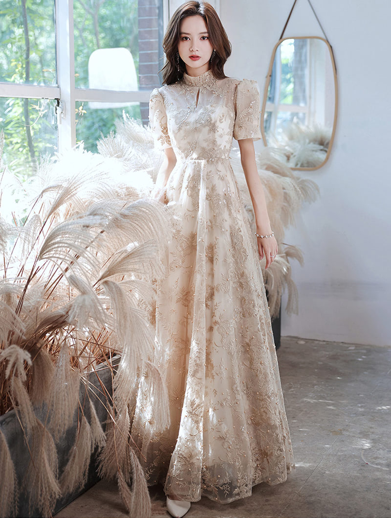 A-Line Princess Khaki Embroidery Formal Evening Prom Long Dress01
