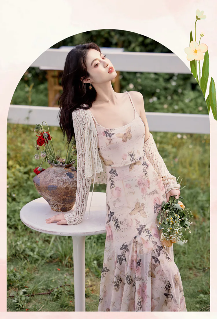Aesthetic-Slim-Fit-Fishtail-Flowy-Skirt-Slip-Dress-with-Knit-Cardigan-Set12