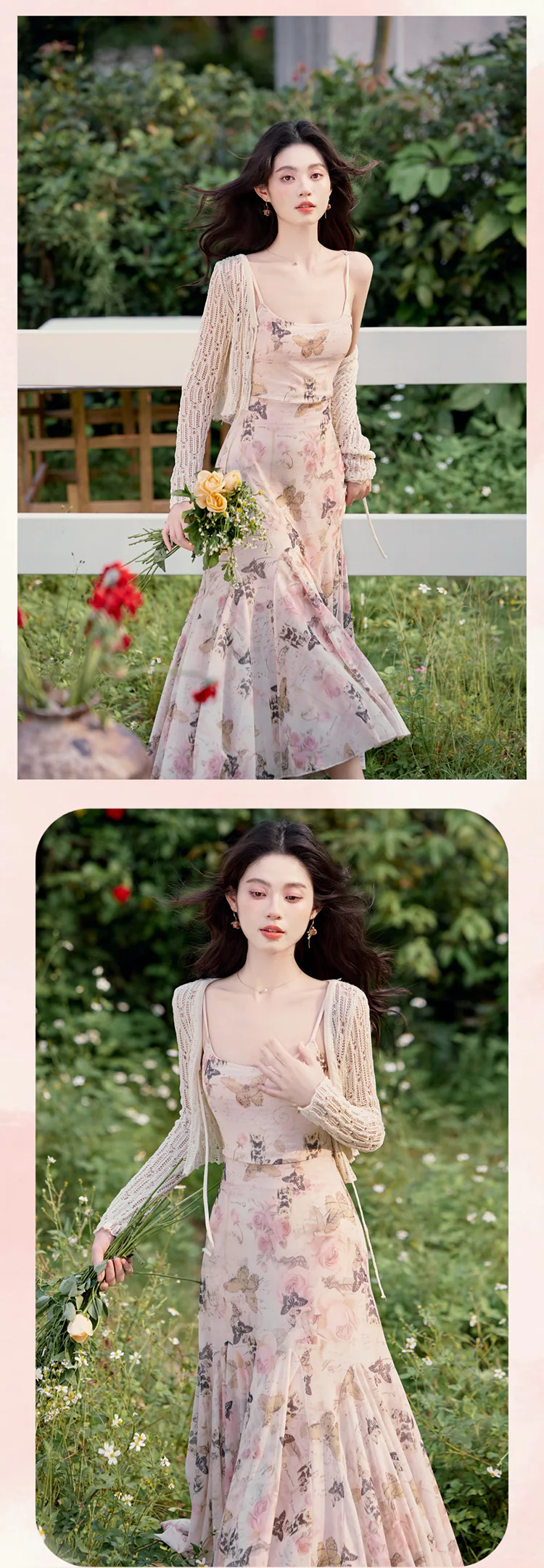 Aesthetic-Slim-Fit-Fishtail-Flowy-Skirt-Slip-Dress-with-Knit-Cardigan-Set13