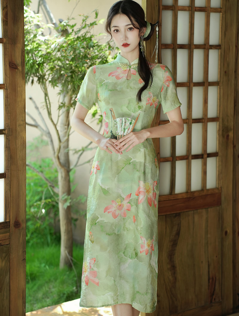 Beauty Chinese Lotus Print Green Split Modern Casual Qipao Dress01