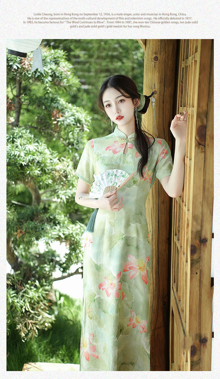 Beauty-Chinese-Lotus-Print-Green-Split-Modern-Casual-Qipao-Dress07