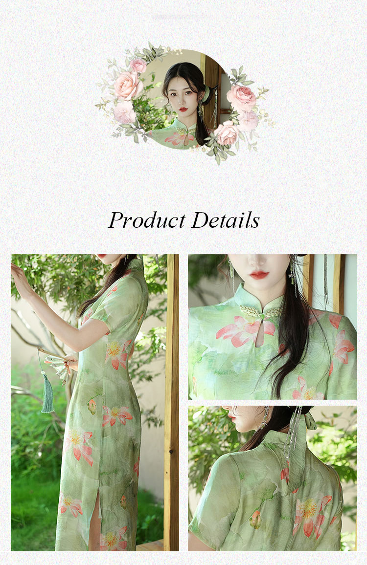 Beauty-Chinese-Lotus-Print-Green-Split-Modern-Casual-Qipao-Dress08