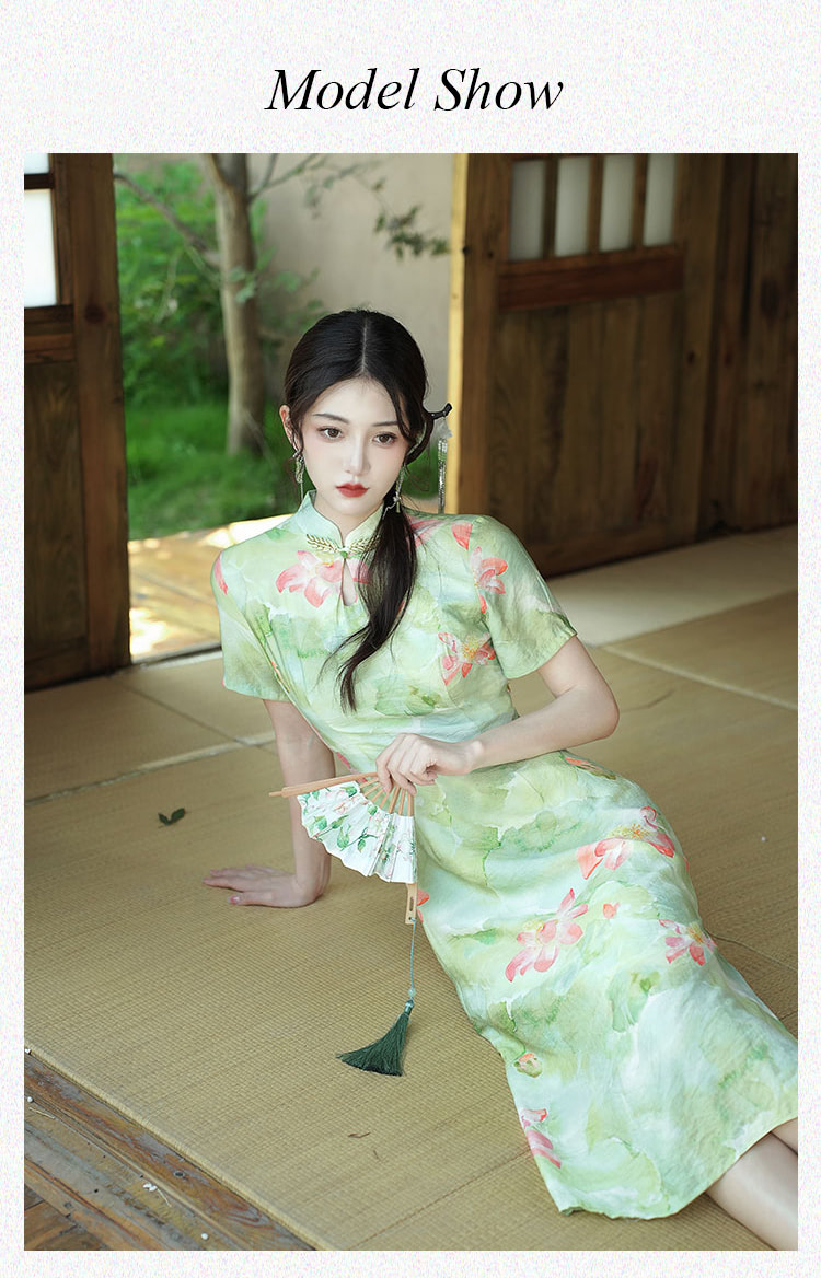 Beauty-Chinese-Lotus-Print-Green-Split-Modern-Casual-Qipao-Dress09
