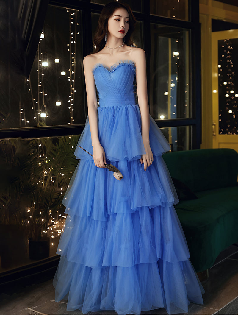 Blue Tube Top Tulle Cocktail Evening Party Formal Puffy Maxi Dress01