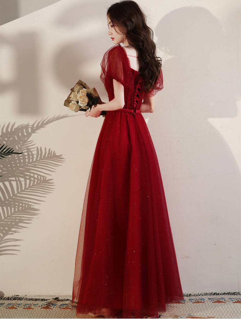 Burgundy Formal Maxi Dress for Cocktail Prom Party with Sleeves01
